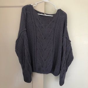 Dusty Blue Woven Heart Cable Knit Crop Sweater
